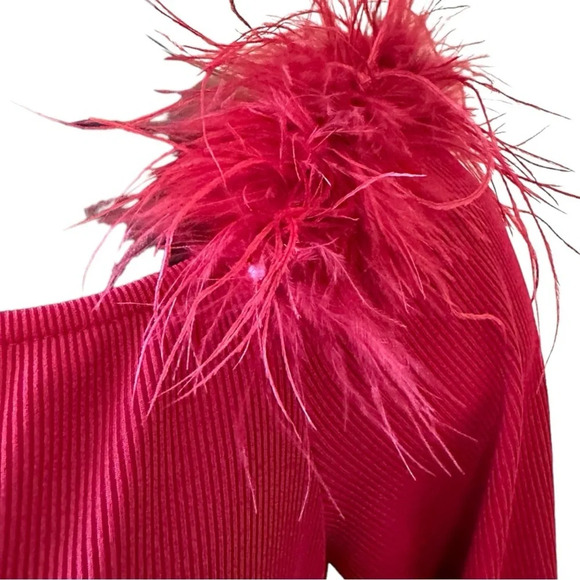 NWT Women's Sexy Off Shoulder Slim Fit Long Sleeve Ribbed Knit Feather Trim Mini - Picture 4 of 7